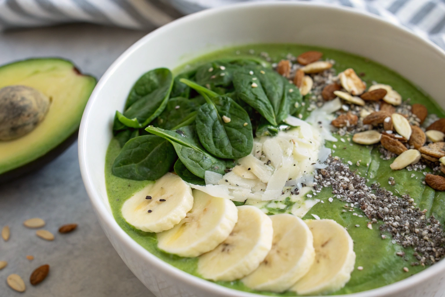 A healthy glowing green smoothie bowl with spinach, kale, avocado, chia seeds, coconut flakes, and banana slices.