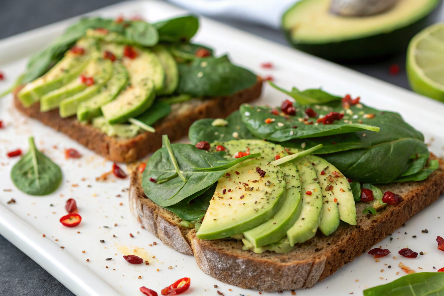 A close-up image of Cleansing Avocado & Spinach Toast with creamy avocado slices and fresh spinach on whole-grain bread, garnished with chili flakes.