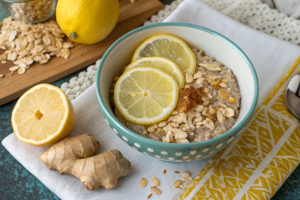 A close-up shot of a bowl of Lemon Ginger Detox Oats with fresh lemon slices, ginger, and oats in natural lighting.