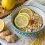 A close-up shot of a bowl of Lemon Ginger Detox Oats with fresh lemon slices, ginger, and oats in natural lighting.