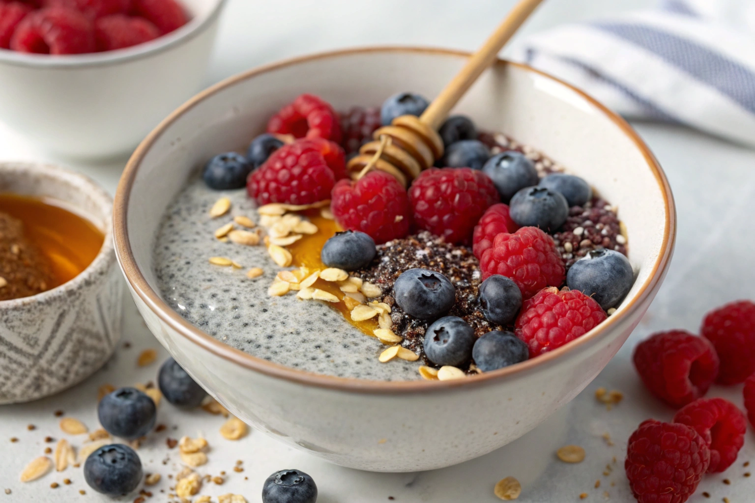 Chia Berry Detox Pudding in a bowl with fresh berries and chia seeds, showcasing its texture and vibrant colors.