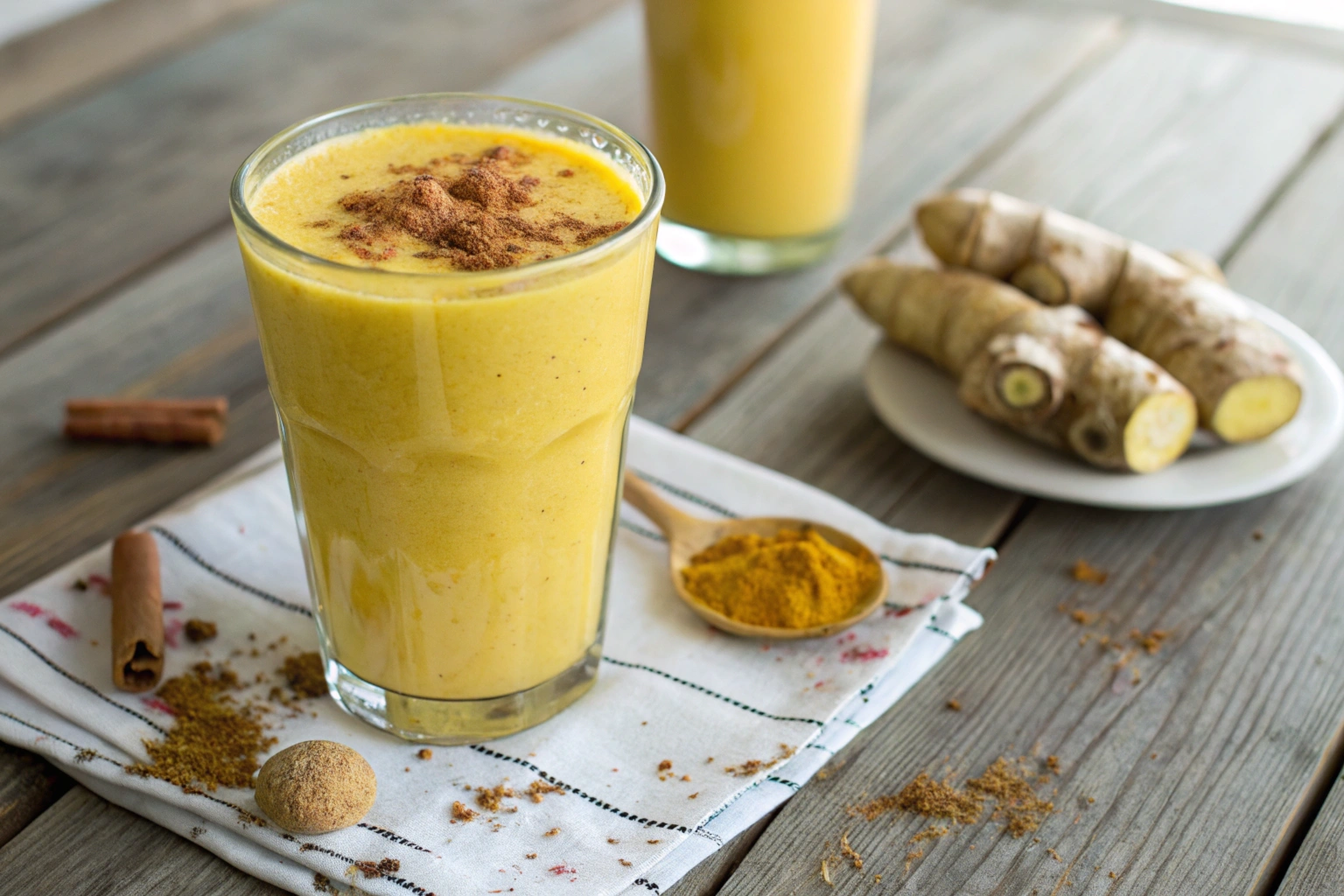 A vibrant and creamy turmeric golden milk smoothie garnished with cinnamon and ginger slices, captured with soft natural lighting.